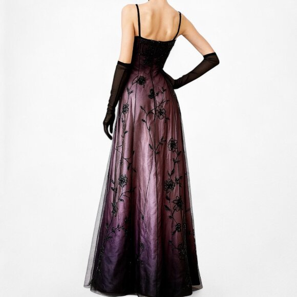 Vintage Plum Brown Floral Beaded Satin Gradient Mesh Maxi Prom Dress Size S - Picture 3 of 11